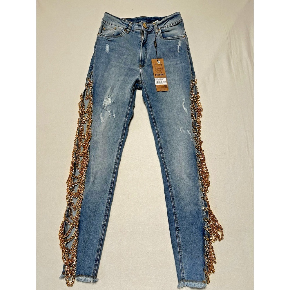 Pit Bull Jeans Womens Azul Claro Gold Chain Side Cut Out‎ Distressed Denim 8 NEW